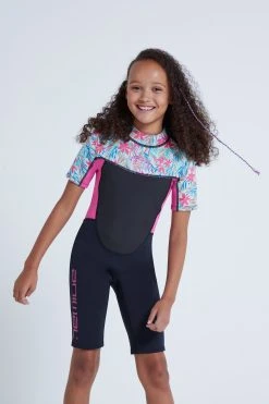 Animal Kids Pink Waves Printed Shorty Wetsuit