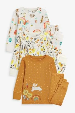 Next Ochre/Cream 3 Pack Appliqué Bunny Cotton Snuggle Pyjamas (9mths-8yrs)