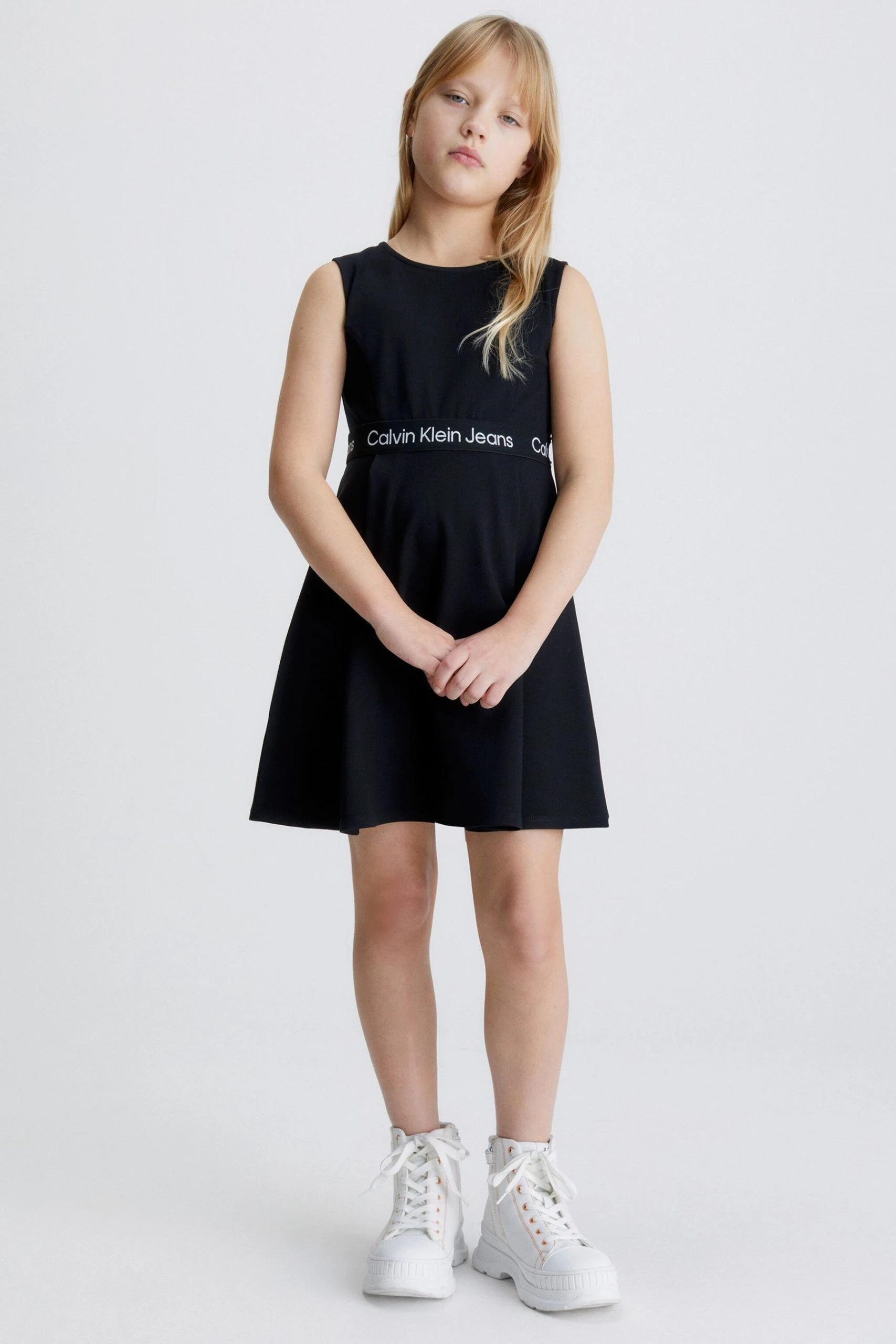 Calvin Klein Jeans Girls Black Logo Tape Punto Sleeveless Dress 3 Calvin Klein Jeans Girls Black Logo Tape Punto Sleeveless Dress