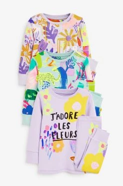 Next Lilac/Teal 3 Pack Floral/Character Cotton Snuggle Pyjamas (9mths-8yrs)