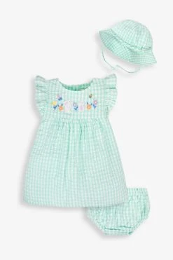 Jojo Maman Bebe JoJo Maman Bébé 3-Piece Gingham Bunny Embroidered Dress With Knickers & Floppy Hat Set