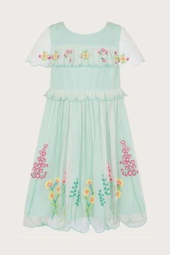 Monsoon Blue Embroidered Scallop Frill Dress