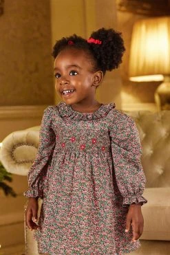 Trotters London Red Floral Robin Smocked Cotton Dress