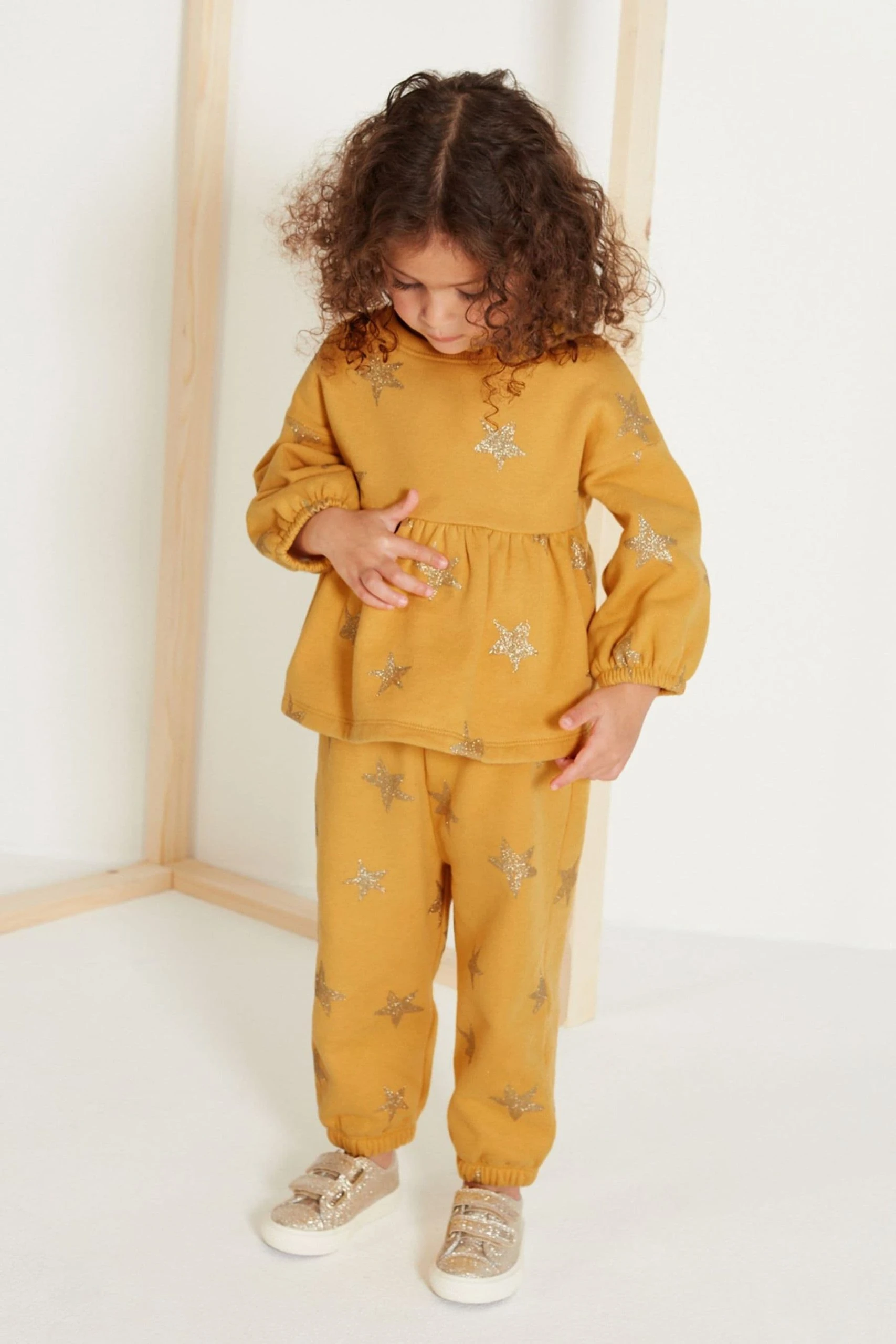 Next Ochre Yellow/Cream Glitter Star Print Peplum Hem Jumper And Joggers Set (3mths-7yrs) 3 Next Ochre Yellow/Cream Glitter Star Print Peplum Hem Jumper And Joggers Set (3mths-7yrs)