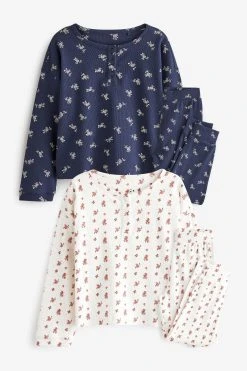 Next Cream/Blue Pointelle Ditsy Jogger 2 Pack Pyjamas (3-16yrs)