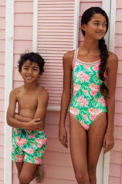 Sunuva Green And Pink Jungle Leaf Swimsuit
