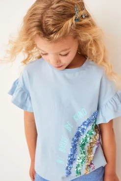 Next Blue Sequin Rainbow Frill Sleeve T-Shirt (3-16yrs) -Angel & Rocket Shop D10 866s4