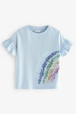 Next Blue Sequin Rainbow Frill Sleeve T-Shirt (3-16yrs) -Angel & Rocket Shop D10 866s5