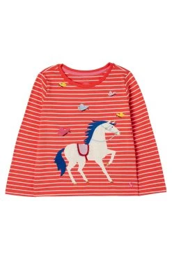 Joules Red Ava Long Sleeve Appliqué Artwork T-Shirt
