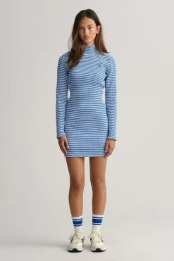 GANT Blue Striped Ribbed Long Sleeve Polo Dress