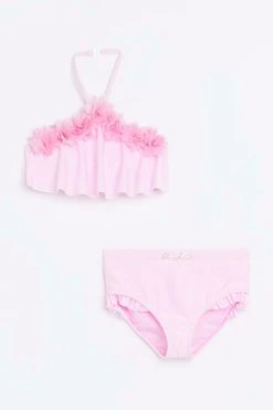 River Island Girls Pink 3D Flower Halter Bikini