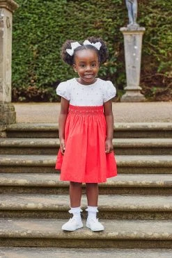 Trotters London Red Willow Rose Hand Smocked Cotton Dress