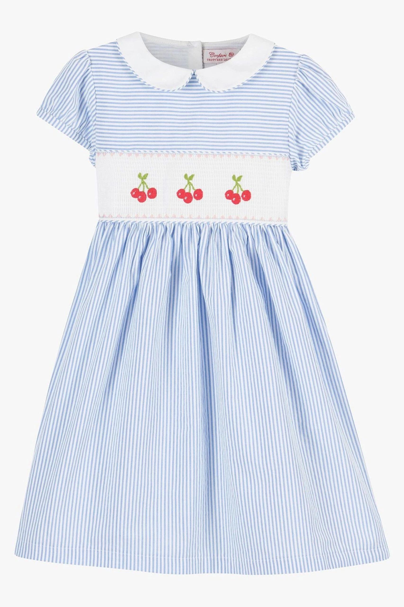 Trotters London Blue Stripe Cherry Smocked Cotton Dress 4 Trotters London Blue Stripe Cherry Smocked Cotton Dress - Image 2