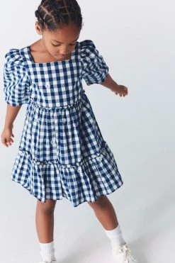 River Island Girls Kind Society Navy Blue Gingham Smock Dress