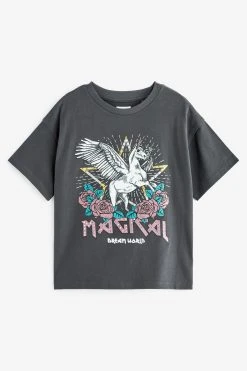 Next Charcoal Grey Distressed Effect Unicorn Short Sleeve T-Shirt (3-16yrs) -Angel & Rocket Shop D79257s5