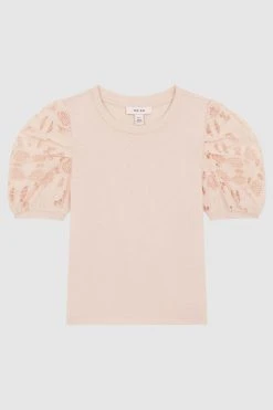 Reiss Alberta Floral Lace Puff Sleeve T-Shirt 9 Reiss Alberta Floral Lace Puff Sleeve T-Shirt -Angel & Rocket Shop D99 265s2