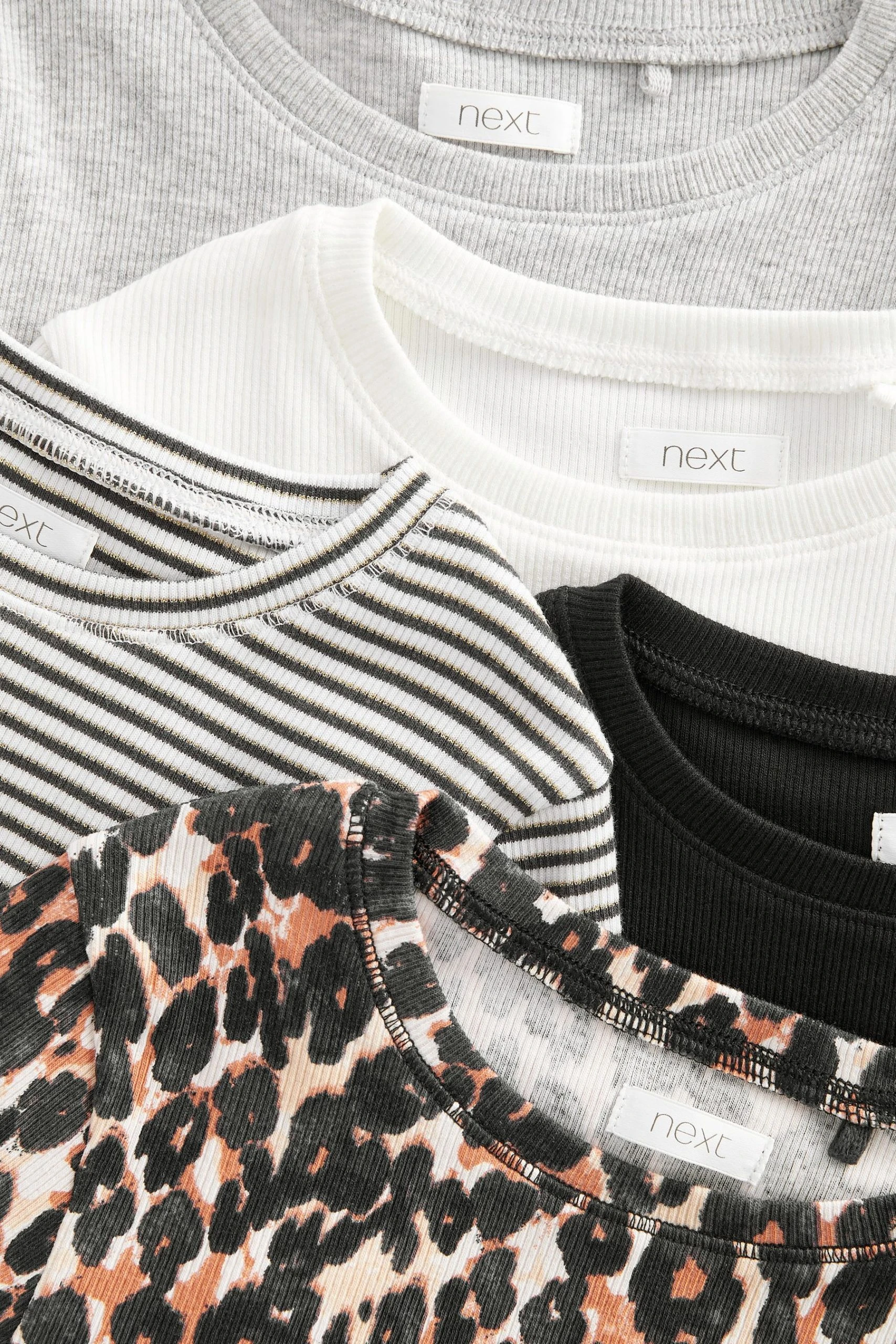 Next Black/Animal/White/Stripe 5 Pack Ribbed Long Sleeve Tops (3-16yrs) 5 Next Black/Animal/White/Stripe 5 Pack Ribbed Long Sleeve Tops (3-16yrs) - Image 3