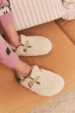 Next Ecru Cream Teddy Fleece Leather Strap Mules