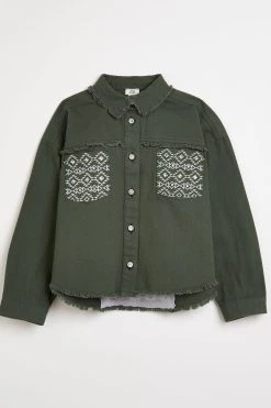 River Island Oversized Green Embroidered Shirt