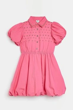 River Island Girls Pink Stud Puffball Shirt Dress